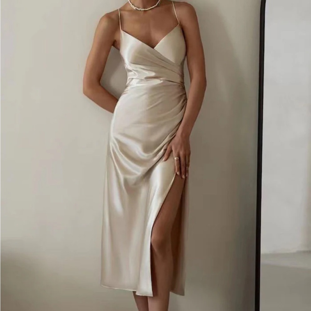 Sophisticated Champagne Satin Midi Dress